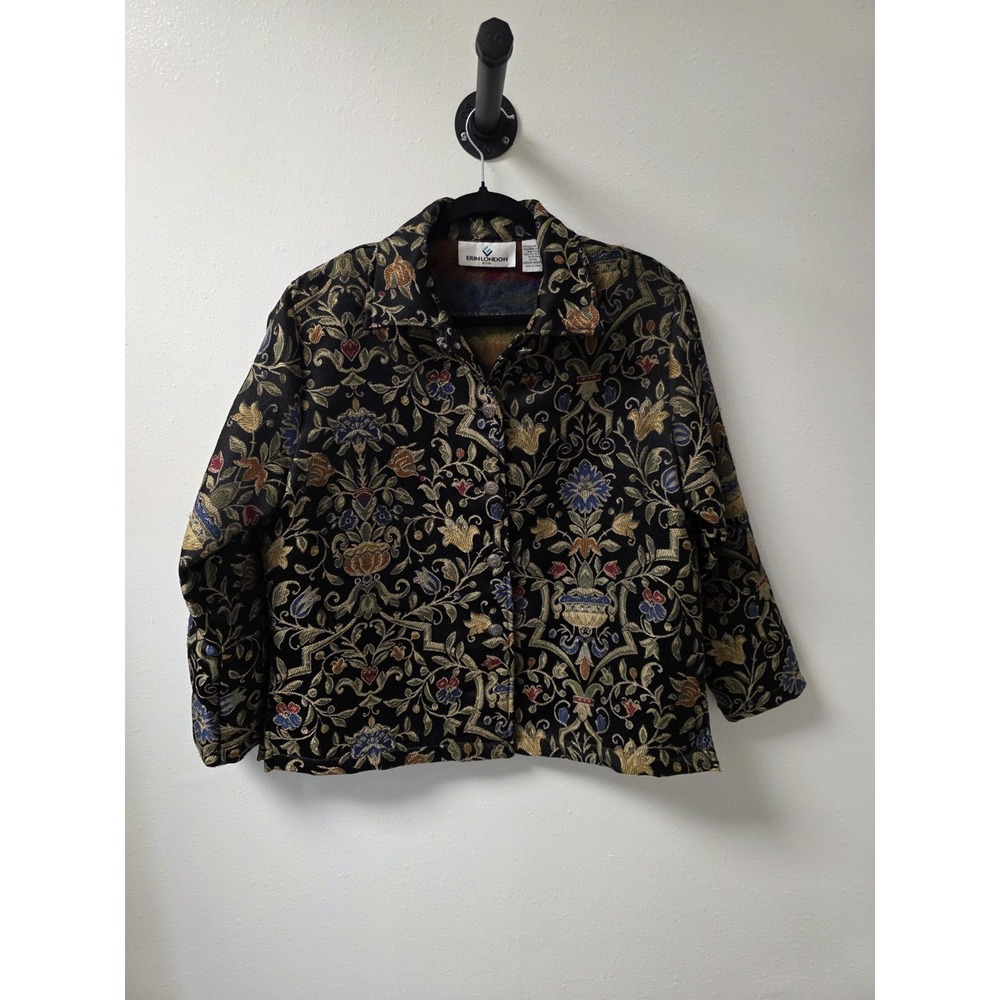 Erin London Petite Medium‎ Black Tapestry Floral Brocade Jacket Vintage Style